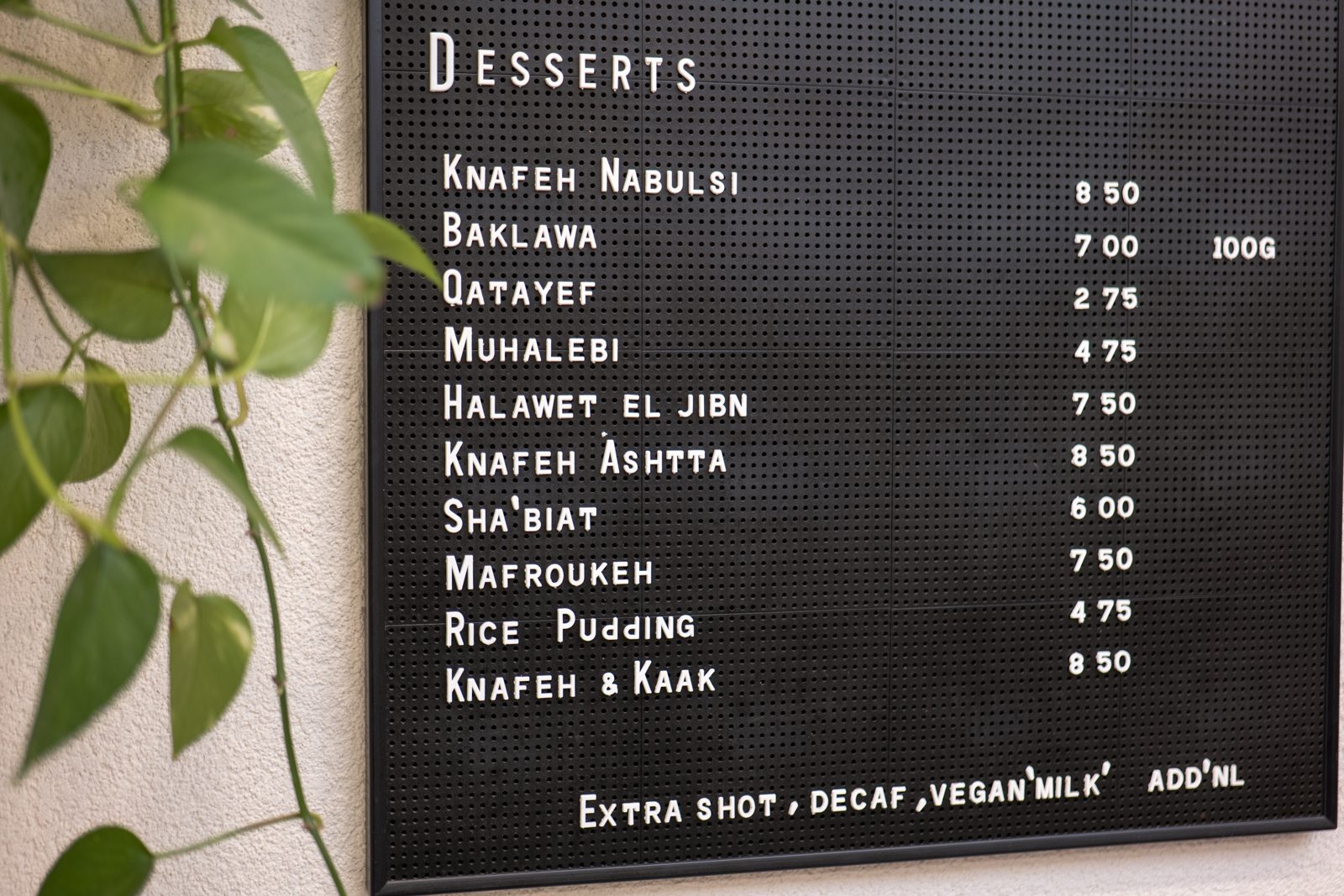 The desserts board: knafeh Nabulsi, baklawa, qatayef, muhalebi, halawet el jibn, knafeh ashtta, sha'biat, mafroukeh, rice pudding